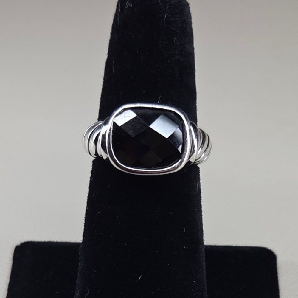 Silver Tone Black Cushion Cut Stone Cable Twist Ring Gothic Size 6.5 0412